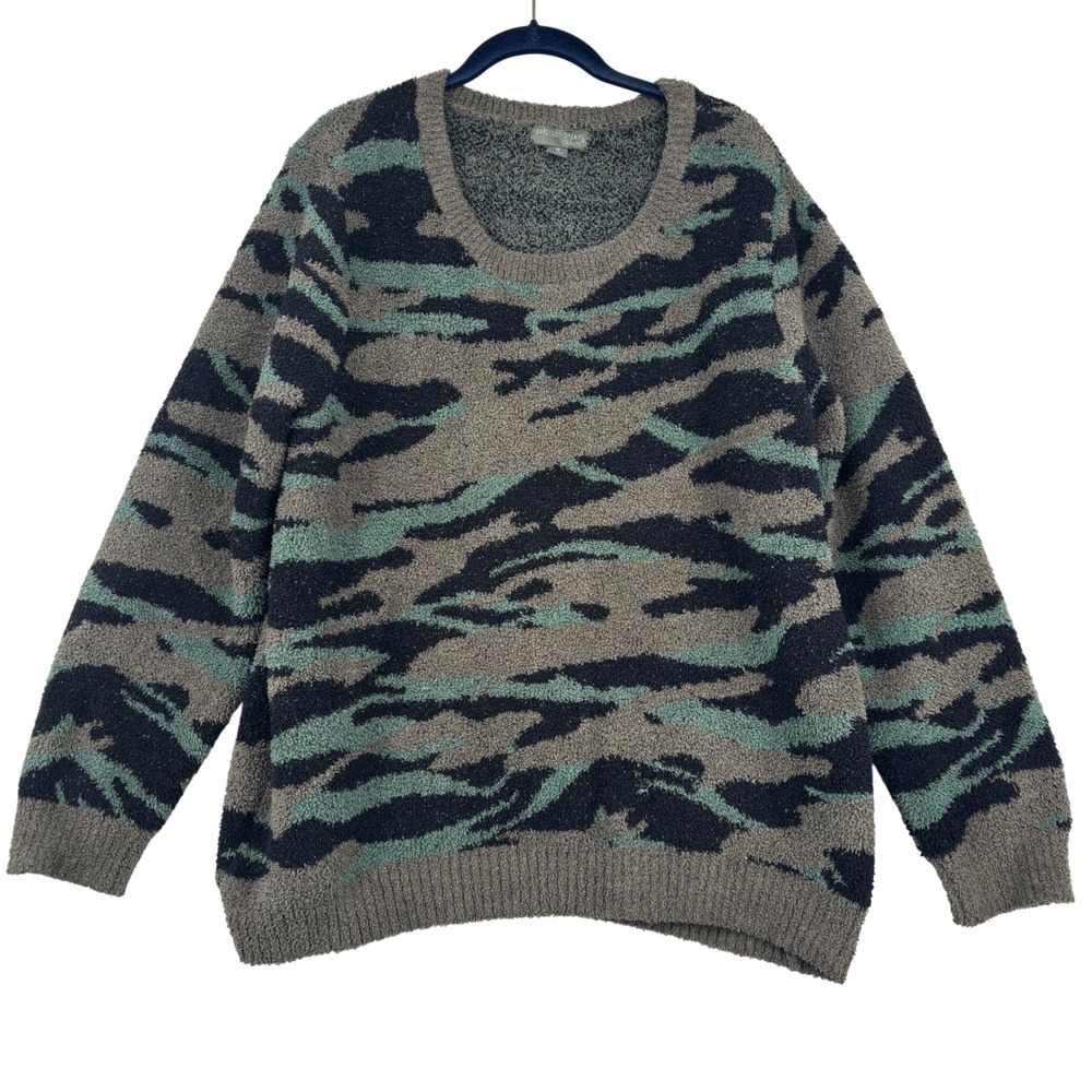 Barefoot Dreams CozyChic Camo Sweater Size 1X Green Black Knit Pullover